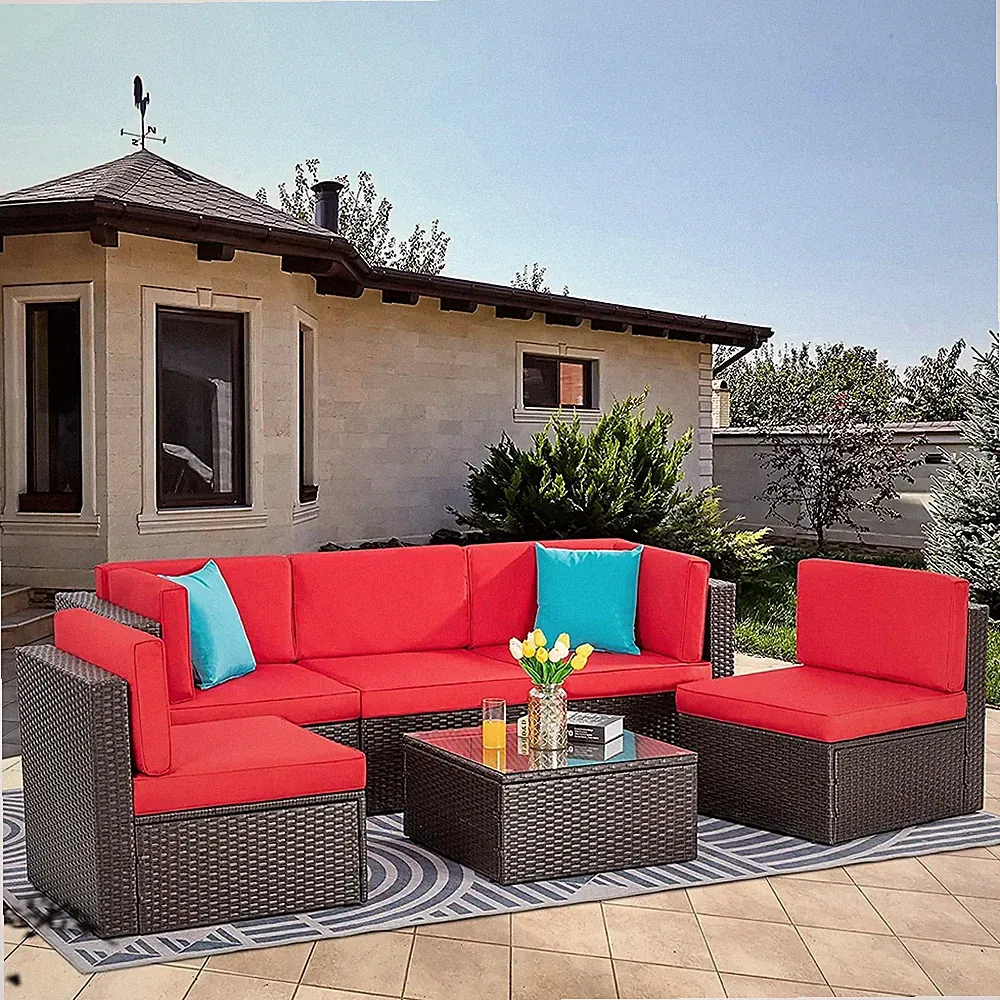 6 Piece Patio Furniture Set, Small Outdoor Sectional Couch, Red