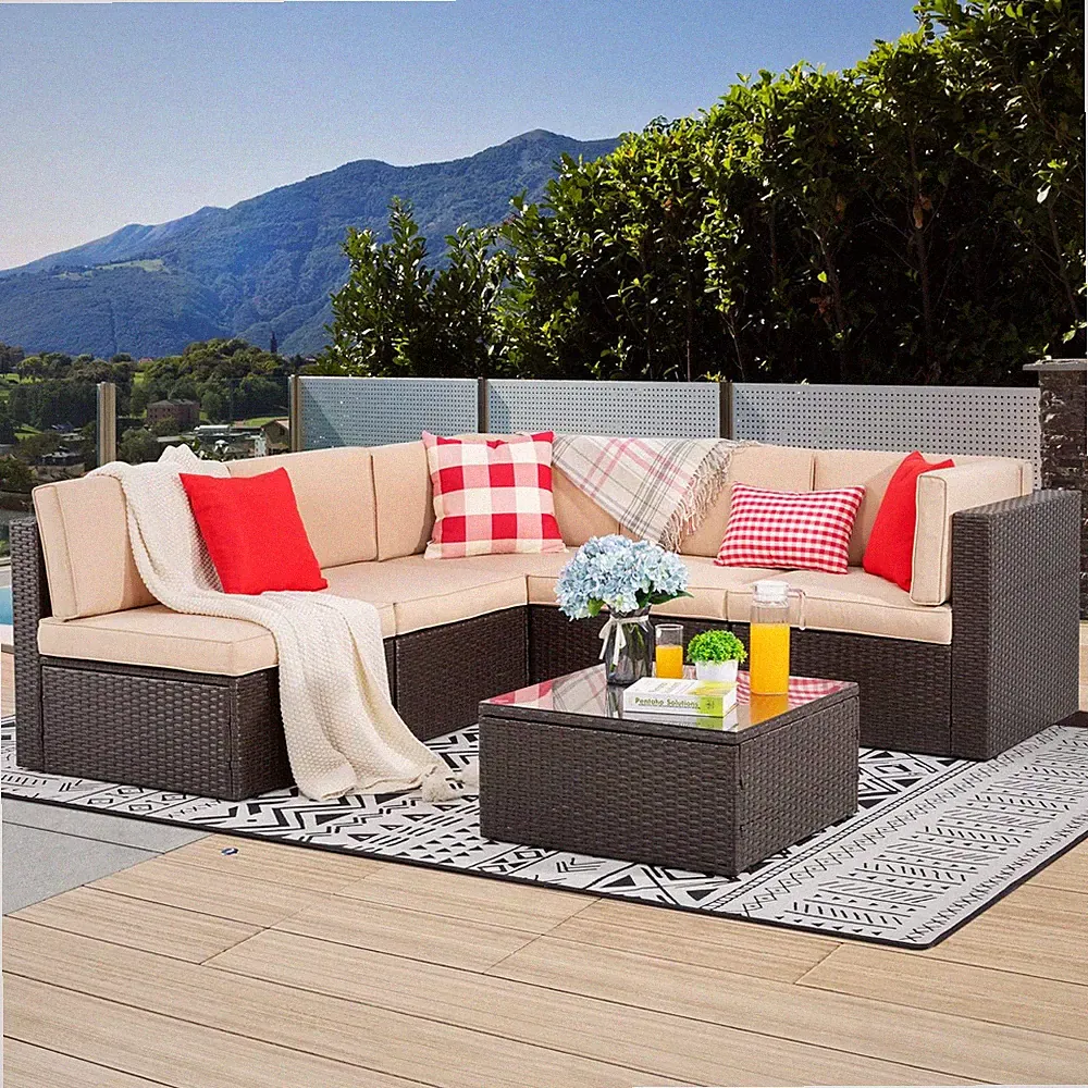 6 Piece Patio Furniture Set, Small Outdoor Sectional Sofa Couch | All Weather PE