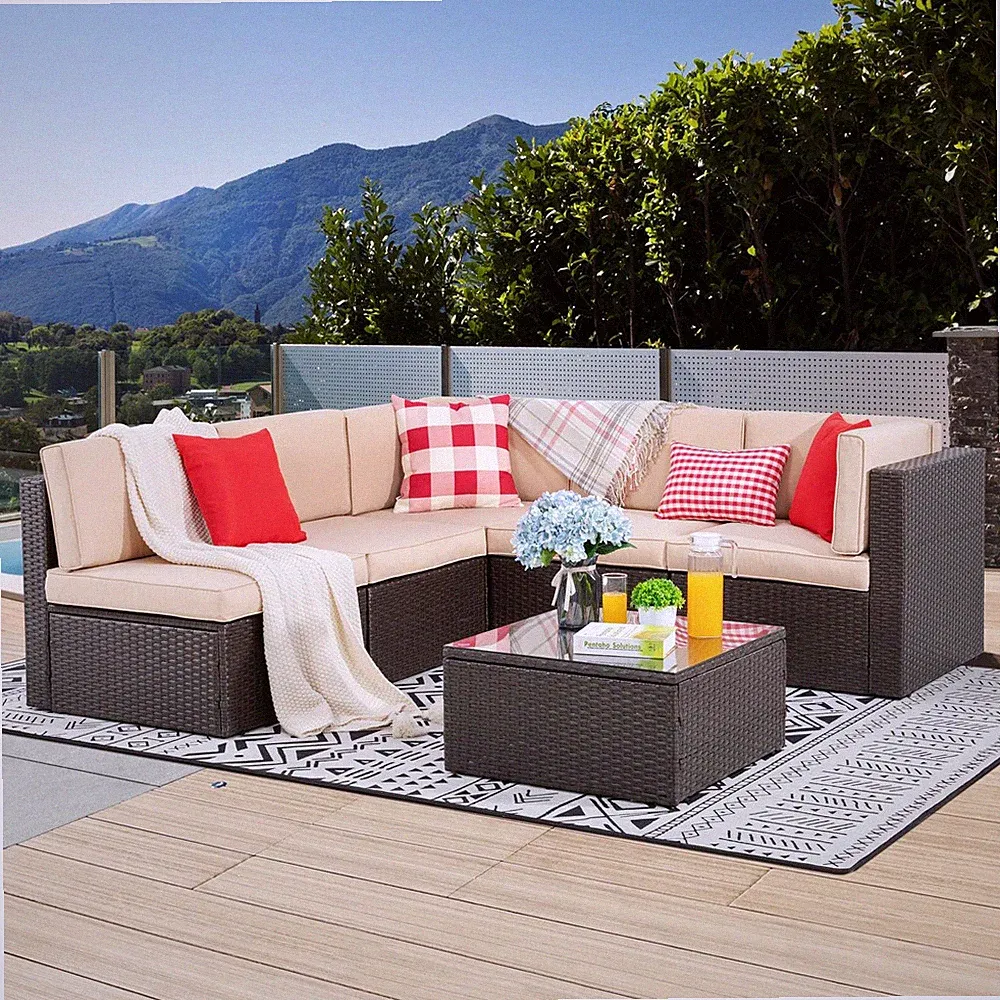 6 Piece Patio Furniture Set, Small Outdoor Sectional Sofa Couch | All Weather PE