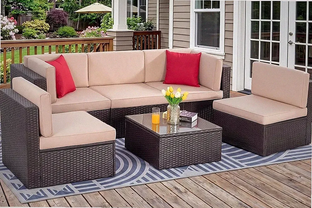 6 Piece Patio Furniture Set Small Outdoor Sectional Sofa Couch All Weather PE