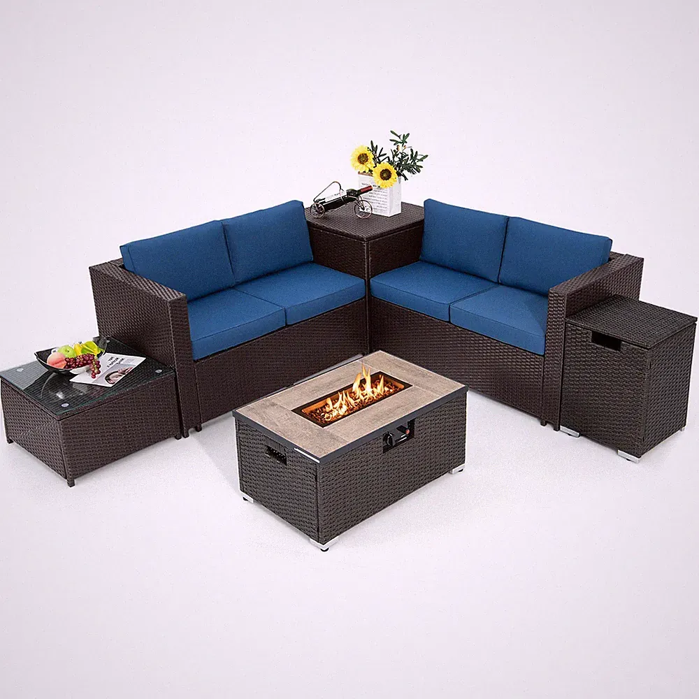 6 Piece Patio Sofa & Fire Table Set Rattan Sectional Sofa Set w/Storage Box Navy