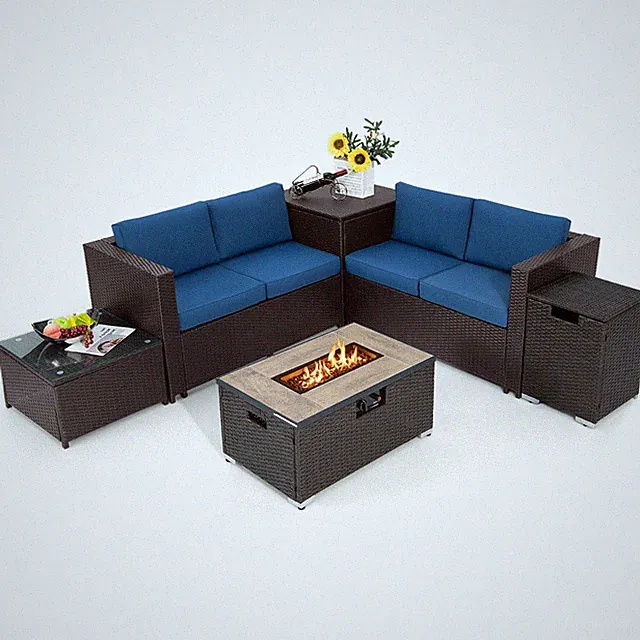 6 Piece Patio Sofa & Fire Table Set Rattan Sectional Sofa Set w/Storage Box Navy