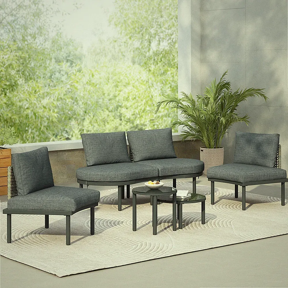 6-Piece Patio Sofa Set, Half Moon Outdoor Sectional with 2 Coffee Tables, Gray