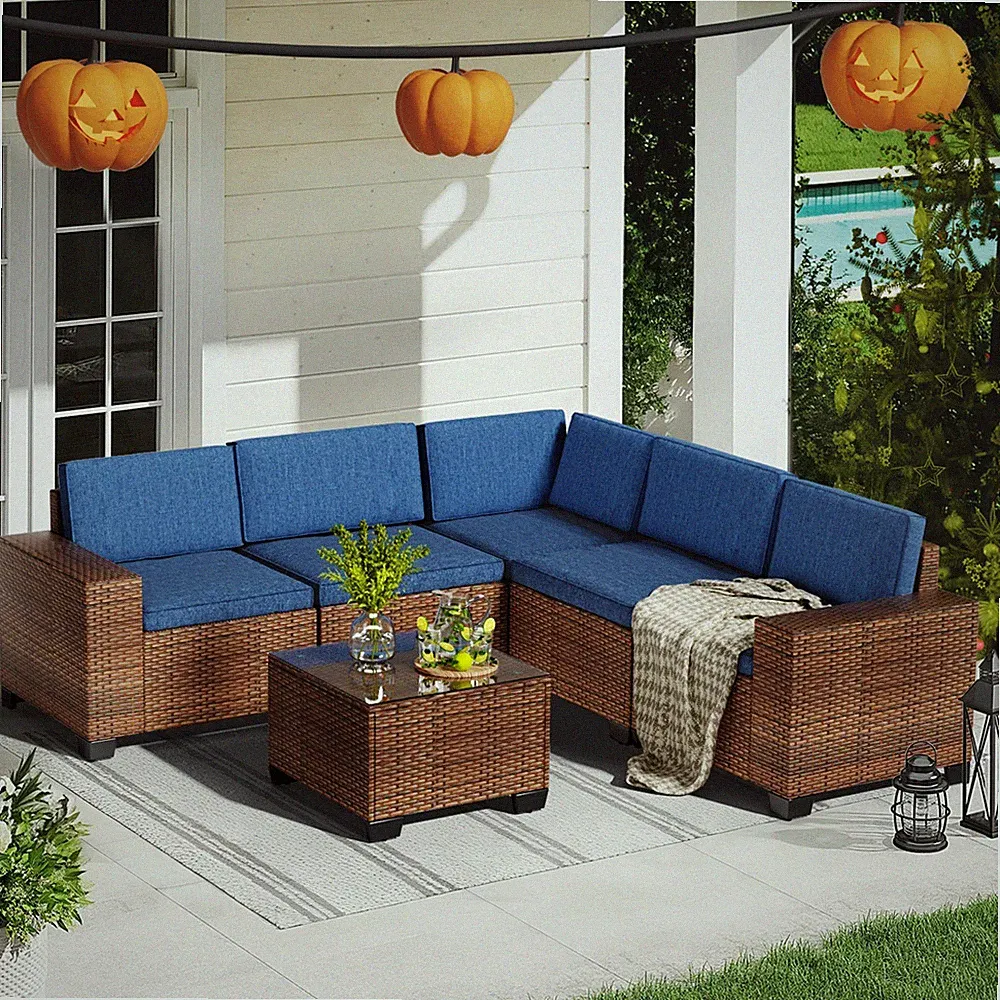 6-Piece PE Rattan Wicker Outdoor Sectional Sofa Set, L-Shaped Patio Conversation