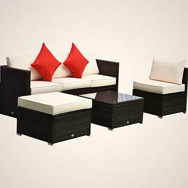 6-Piece White Outdoor Sectional PE Rattan 4-Seat with Cushions & Table