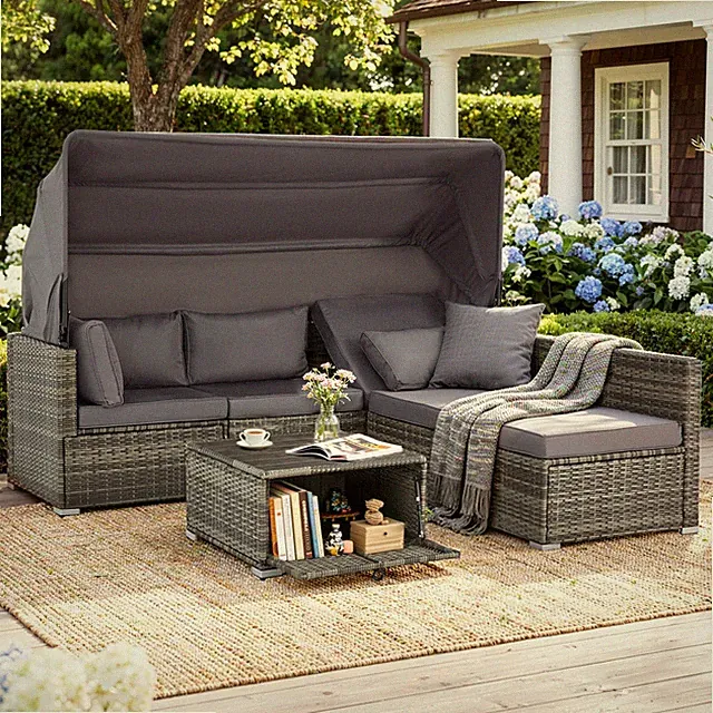 6 Piece Wicker Rattan Patio Furniture Set Retractable Canopy Sectional Sofa
