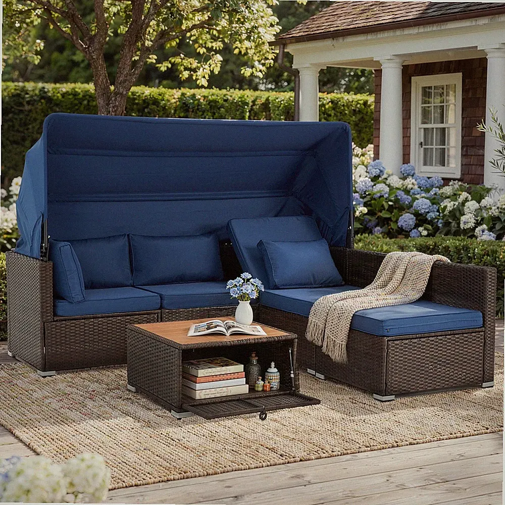 6 Piece Wicker Rattan Patio Furniture Set Retractable Canopy Sectional Sofa