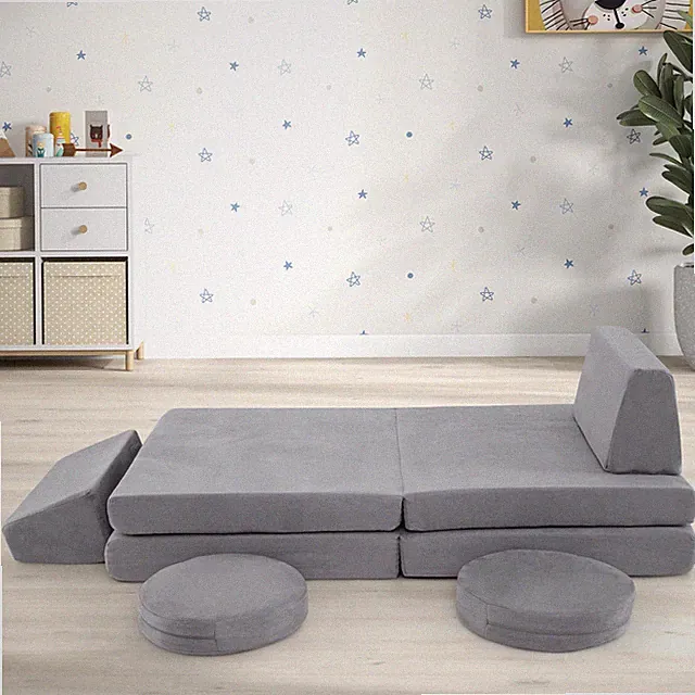 6 Pieces Modular Kids Play Couch Set Washable Covers Living Room Playroom Gray