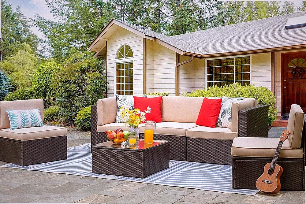 6 Pieces Outdoor Patio Furniture Set, PE Wicker Rattan Sectional Sofa Small Pati