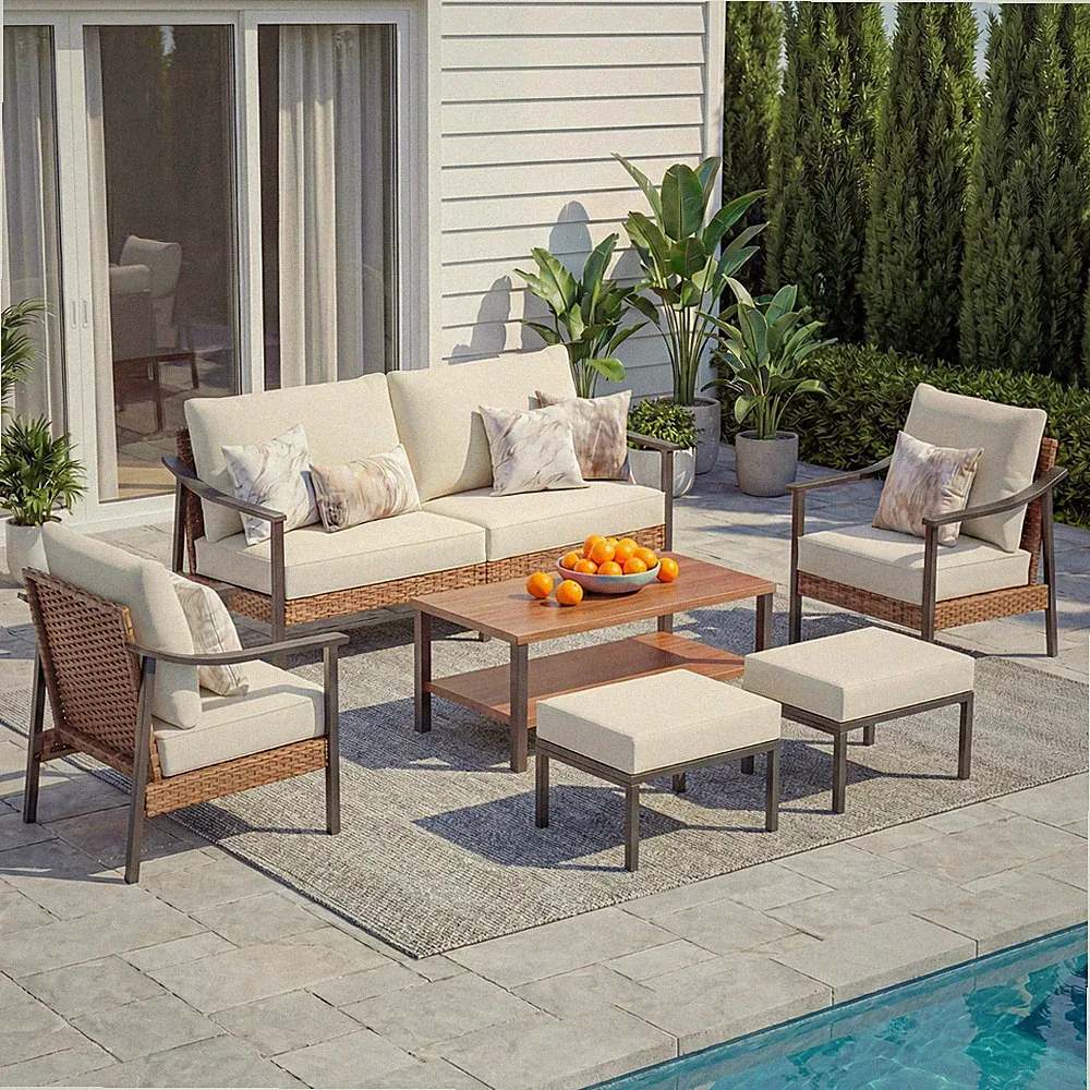 6 Pieces Outdoor Patio Furniture Set, Rattan Outdoor Couch Sectional,Garden, Bei