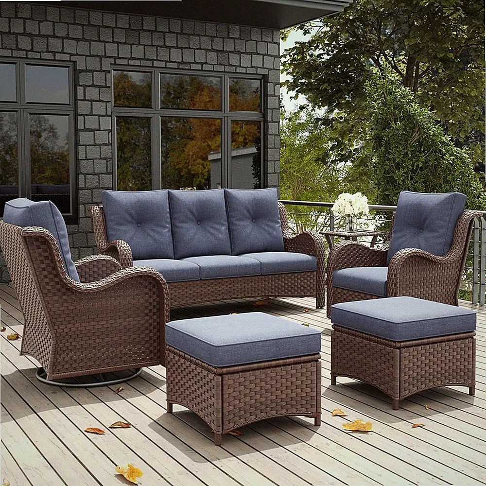 6 Pieces Outdoor Patio Furniture Set, Rattan Wicker Sectional Swivel Rocker Chai