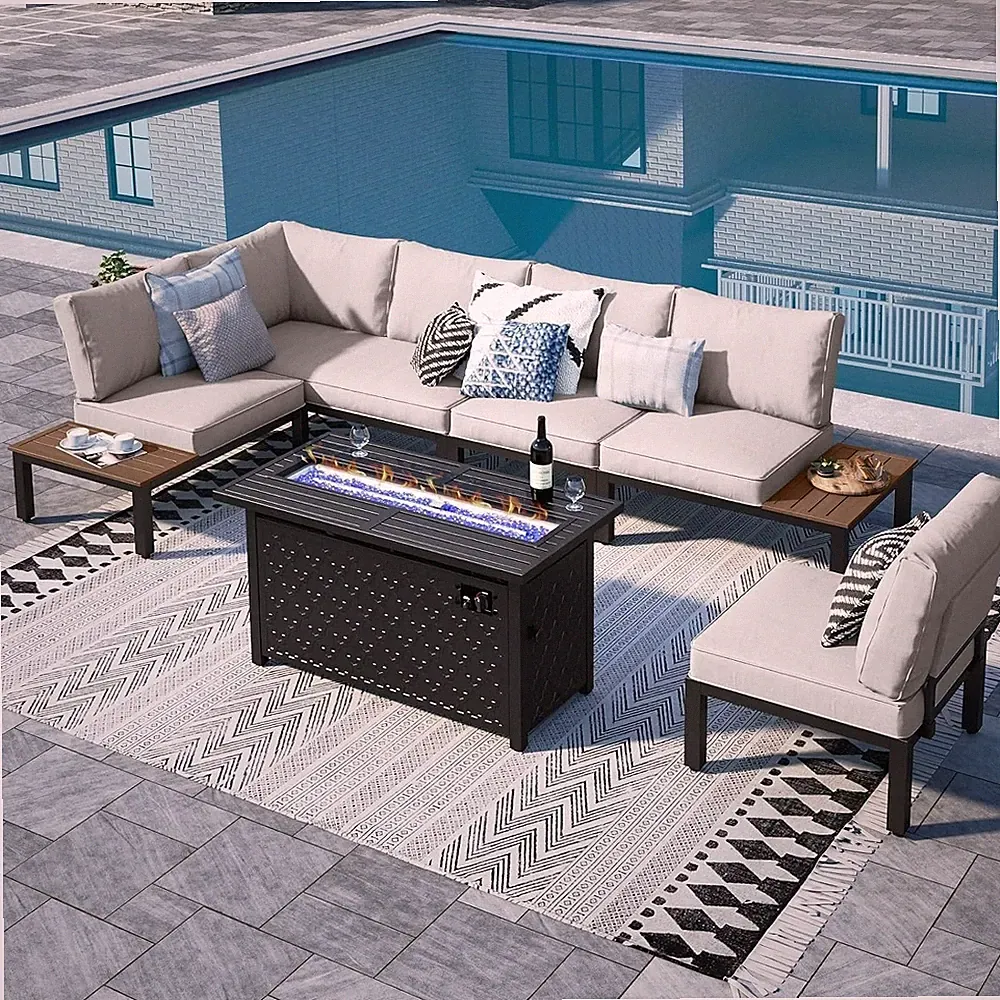 6 Pieces Outdoor Patio Furniture Set w/ 45" Fire Pit Table, Metal Sectional Sofa