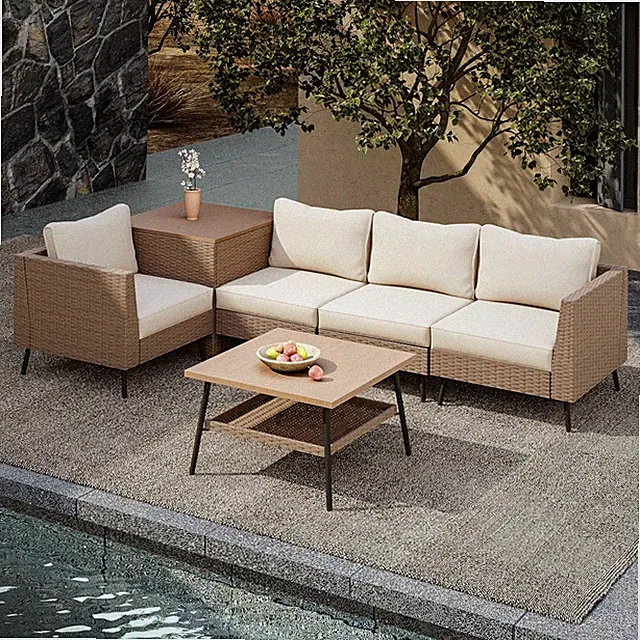 6 Pieces Outdoor Patio Furniture Sets, Rattan Conversation Sectional Set with Cu