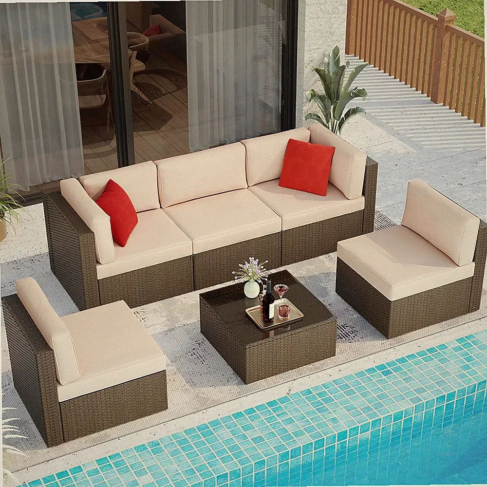 6 Pieces Patio Furniture Set Outdoor Couch Wicker Sectional Sofa, Beige