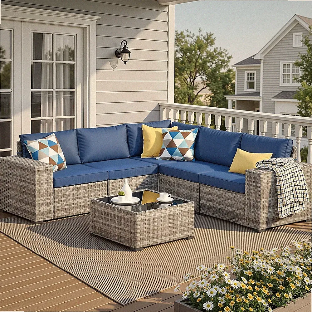 6 Pieces Patio Furniture Set, Outdoor Wicker Sectional Sofa with 7.7" Extra Wide