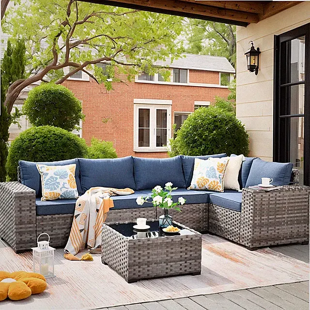 6 Pieces Patio Furniture Set, Outdoor Wicker Sectional Sofa with Coffee Table Co