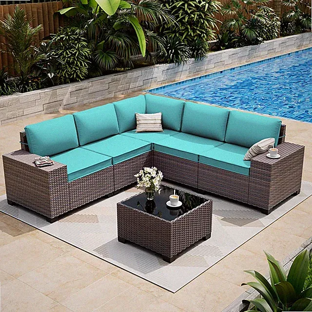 6 Pieces Patio Furniture Set, Oversized Seat/Armrest and High Back Wicker Sectio