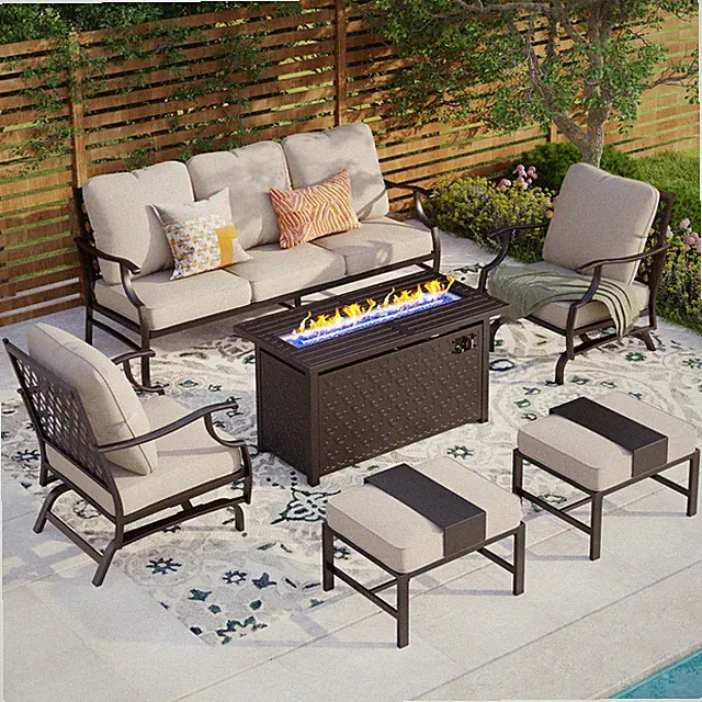 6 Pieces Patio Furniture Sets with Fire Pit Table Outdoor Conversation Sofa Set