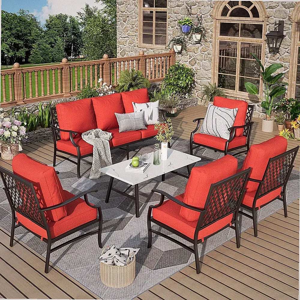 6 Pieces Patio Sofa Set Metal Outdoor Furniture Sectional Conversation Sofas Red