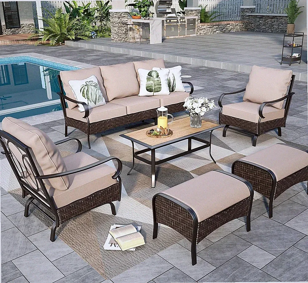 6 Pieces Patio Sofa Set PE Rattan Outdoor Furniture Sectional Conversation Sofas