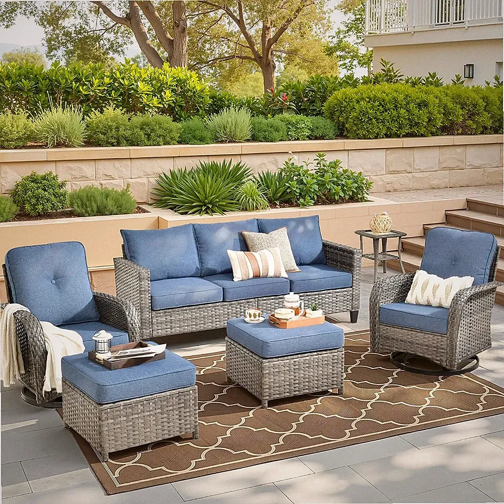 6 Pieces PE Wicker Patio Furniture Set, Outdoor Sectional Sofa with Swivel Chair