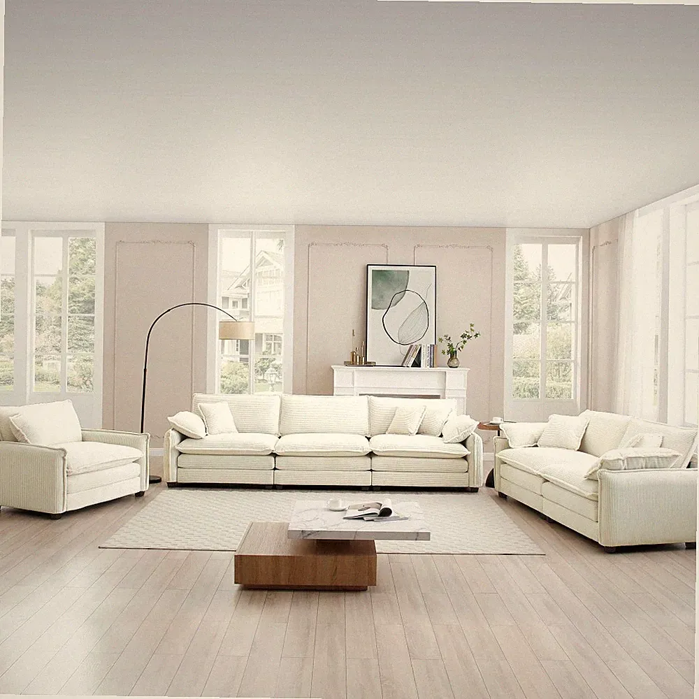 6 Seat Corduroy L-Shaped Sectional Sofa, Oversized Chaise Lounge