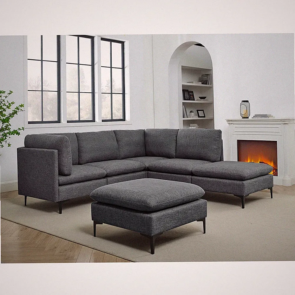 6-Seat Linen Sectional Sofa, Dark Gray, 123"L x 61.5"W x 35"H