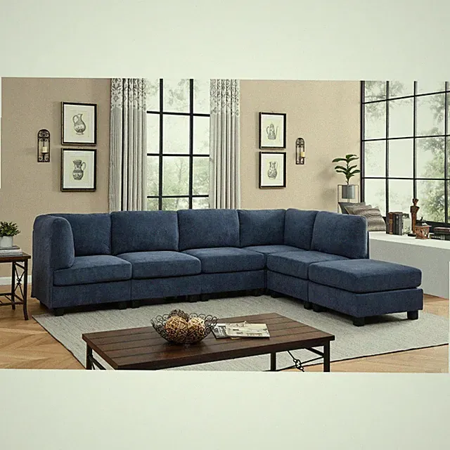 6-Seat Modular Sectional Sofa, Dark Blue Polyester, Removable Cushions