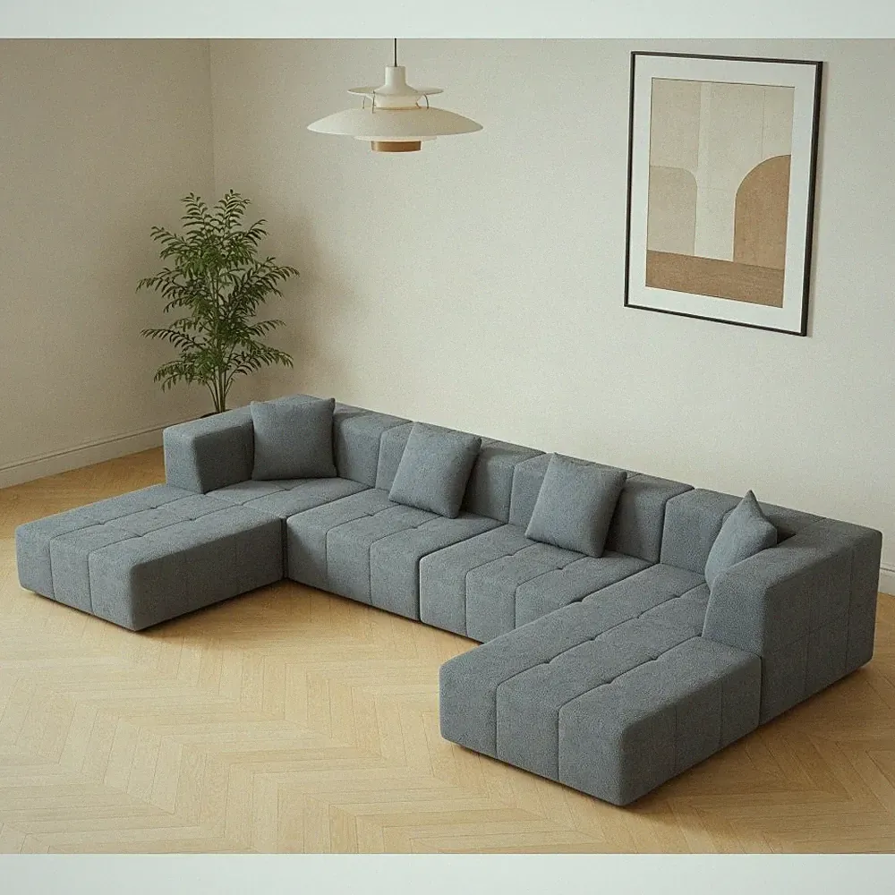 6 Seat Modular Sofa Sectional, 7 Piece Gray Flannelette Couch w/ Pillows