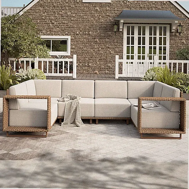 6 Seat Patio Furniture Set Outdoor Rattan Wicker Sectional Sofa Conversation Set