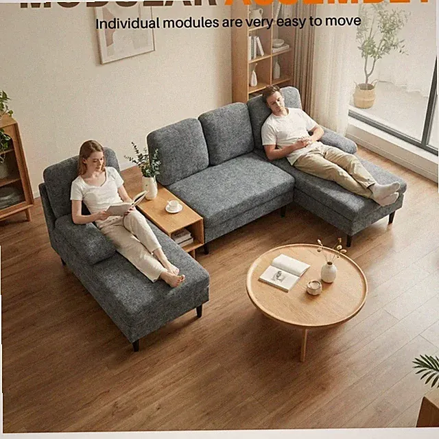 6-Seat Sofa Couch, Linen Fabric Sofa Bed w/ Removable Pillows Grey
