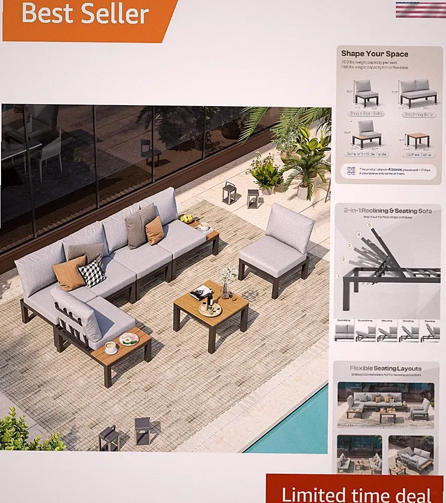 6-Seater Aluminum Modular Outdoor Sectional Sofa Set with Adjustable Backrest
