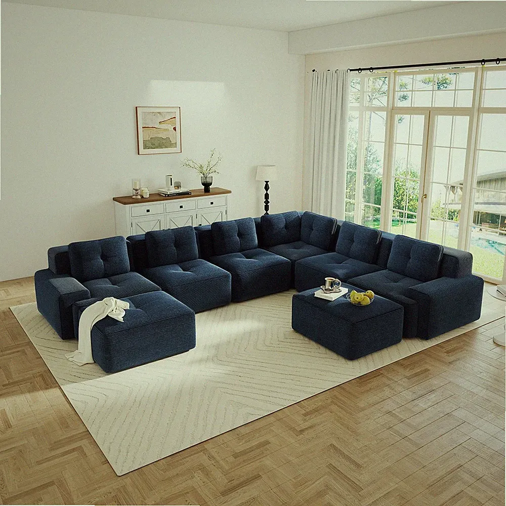 6-Seater Corner Sectional Sofa with Ottomans, Blue Corduroy Fabric