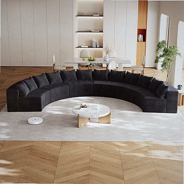 6-Seater Curved Corduroy Modular Sofa - Black Tufted Sectional for Living Room