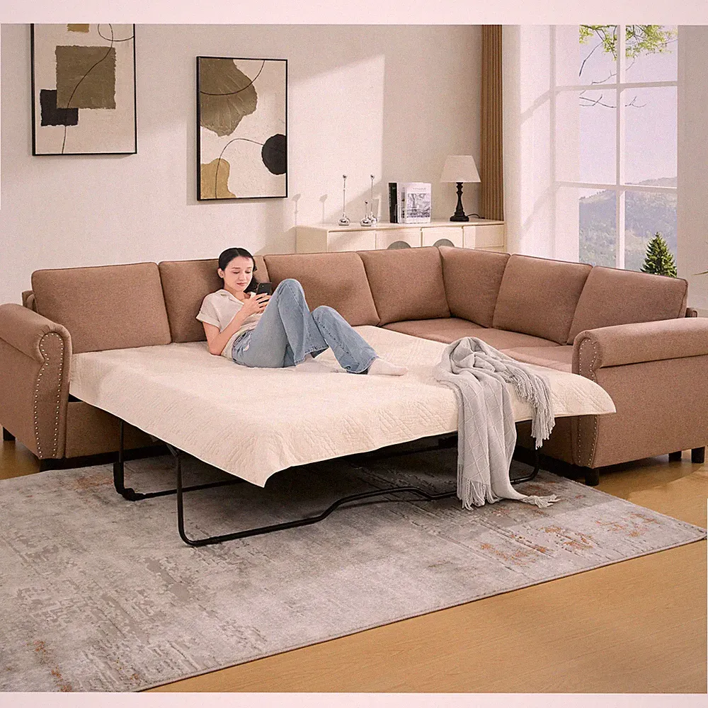 6-Seater L-Shaped Sectional Sofa Bed with Pull-Out Queen Bed Brown