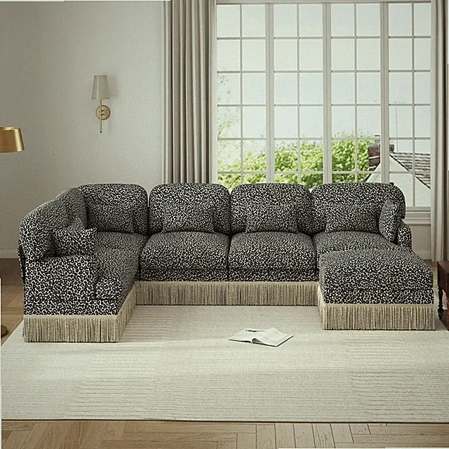6-Seater Leopard Print Chenille Sectional Sofa with Ottoman & Pillows