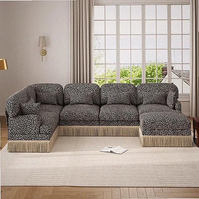 6 Seater Modular Sectional Sofa Leopard Chenille Fabric w/Ottoman