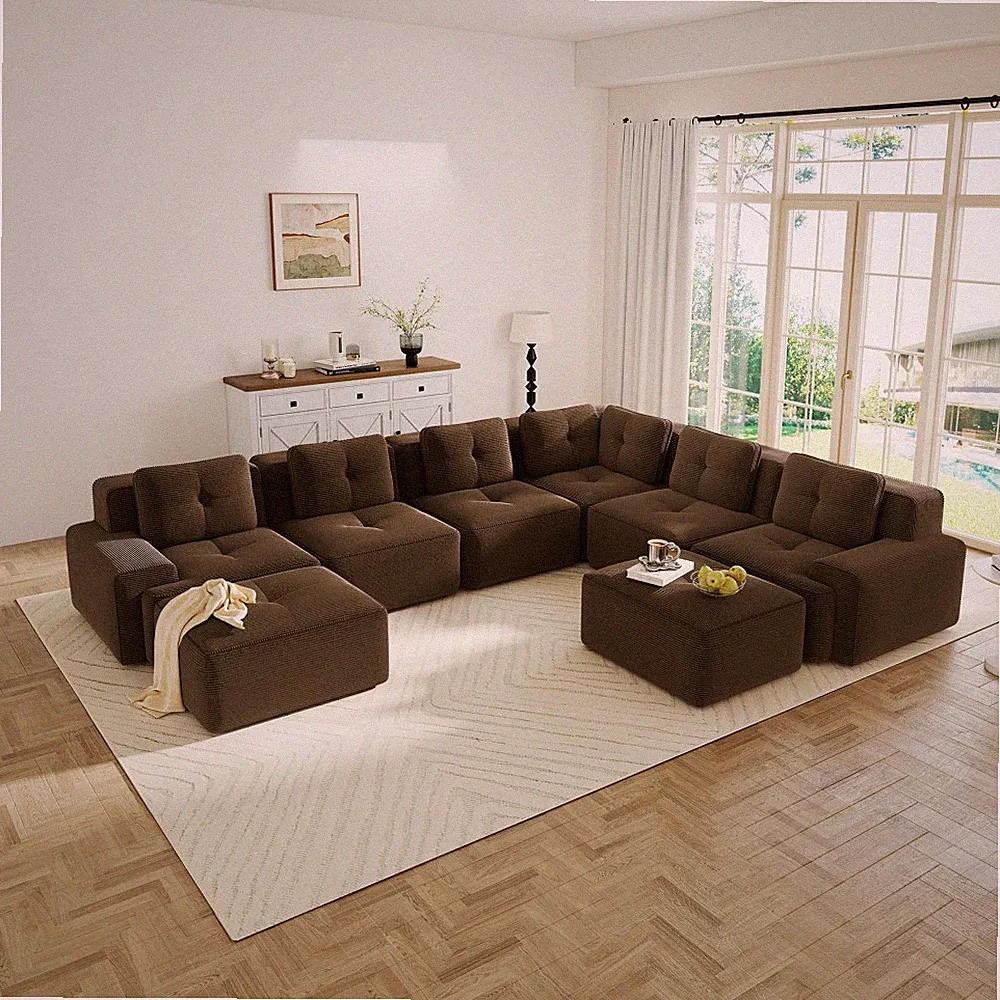 6-Seater Modular Sectional Sofa w/ Ottomans, Corduroy V-Shaped Couch