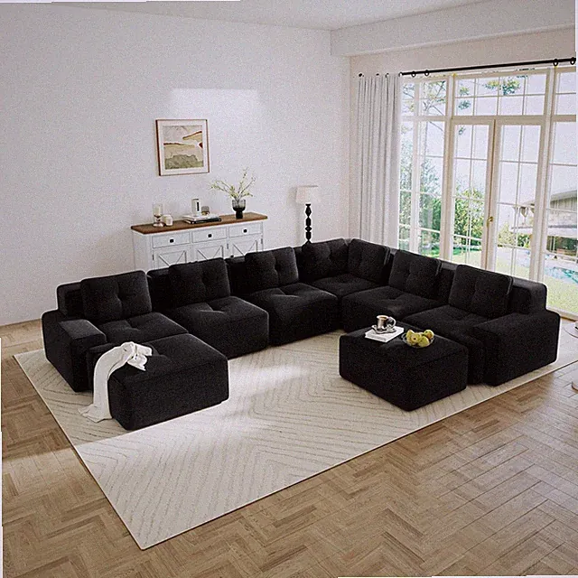 6-Seater Modular Sectional Sofa with 2 Ottomans, No Assembly, Black Corduroy
