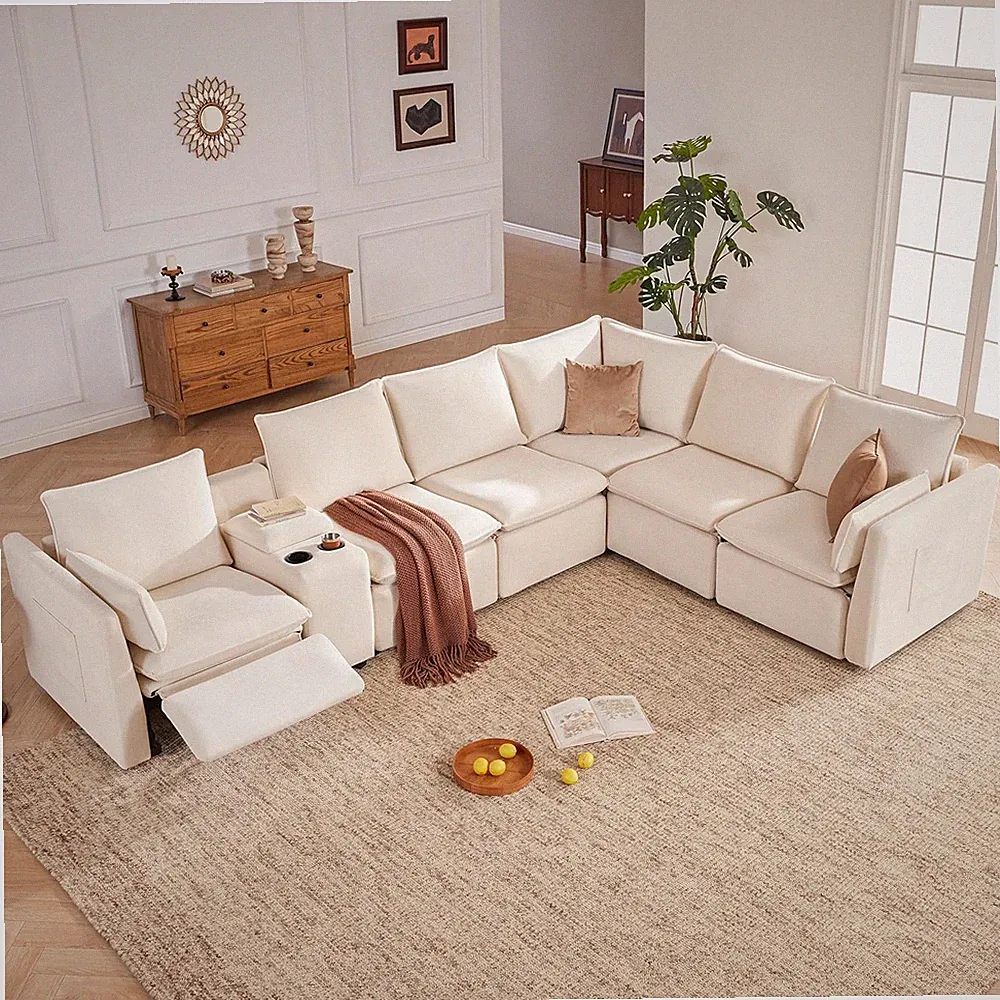 6-Seater Power Reclining Sectional Sofa Set with Storage Console, Beige