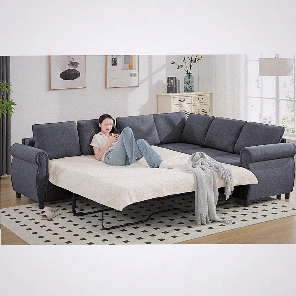 6-Seater Sleeper Sofa, L-Shaped Pull-Out Sectional Couch Bed, Gray, w/ Queen Bed