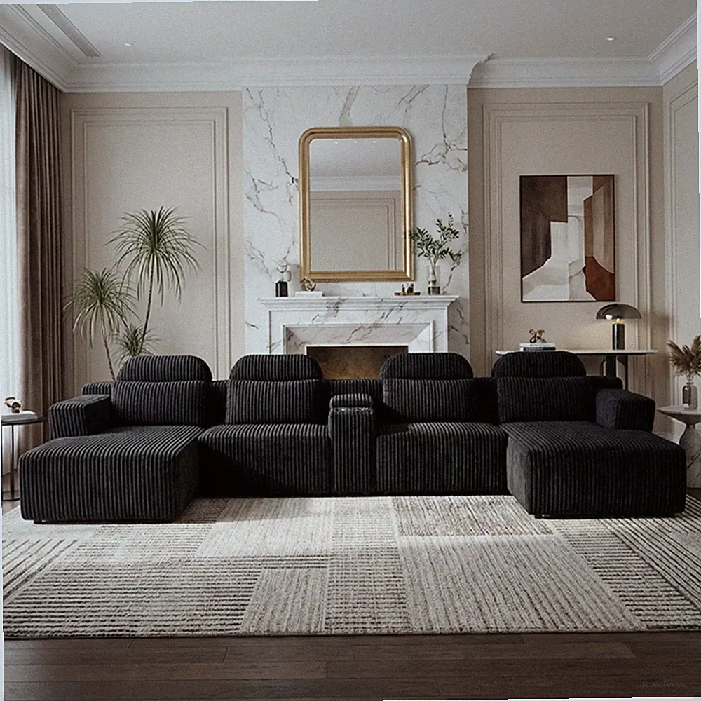 6-Seater U-Shaped Corduroy Sectional Sofa with Cup Holder 145.7"