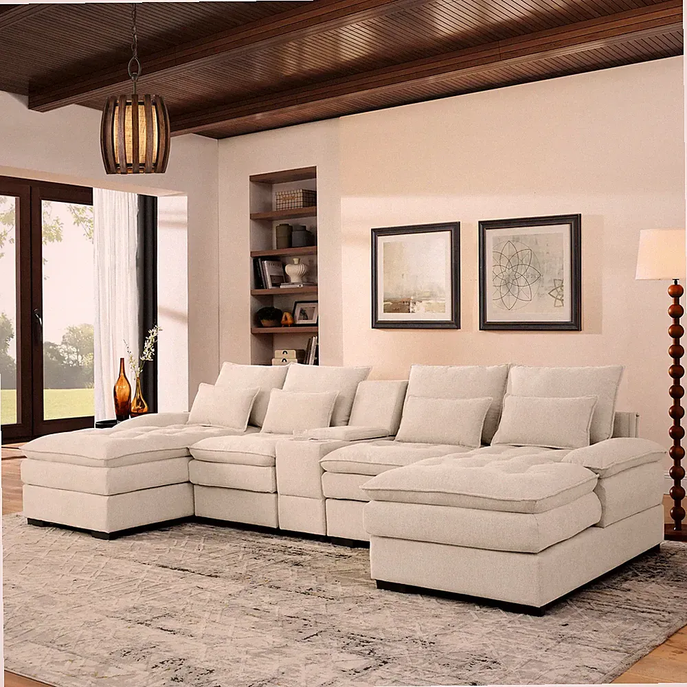 6-Seater U-Shaped Sectional Sofa with Console and Cup Holders Beige
