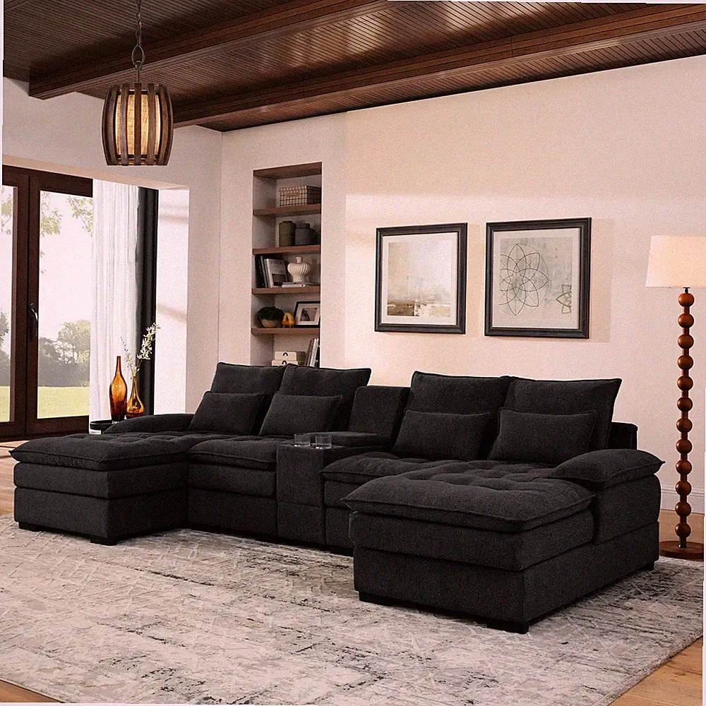 6-Seater U-Shaped Sectional Sofa with Console and Cup Holders Black