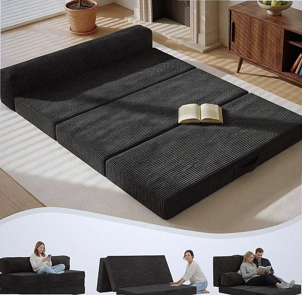 6" Tri-Folding Full Mattress Sofa Bed, Washable Cover, High-Density Foam, Black