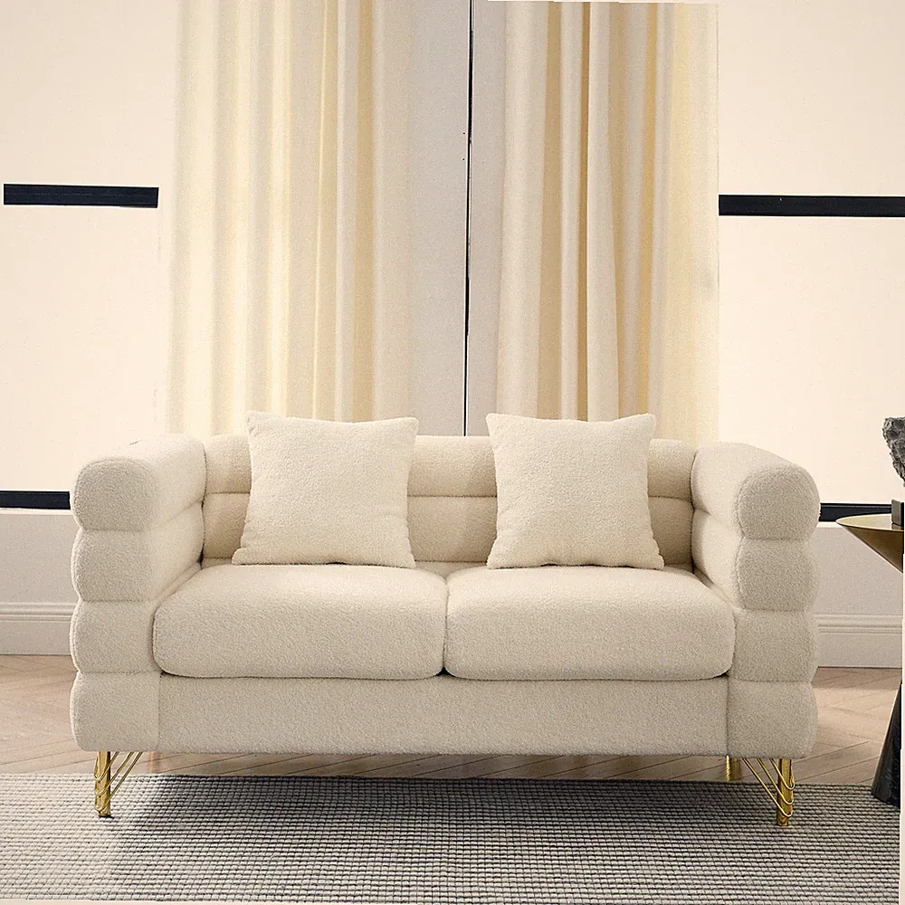 60" 2-Seater Sectional Sofa, Upholstered Fabric Couch with 2 Pillows, Ivory