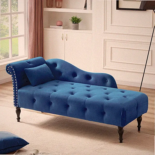 60.6 Inch Modern Velvet Sofa Bed Chaise Lounge w/ Solid Wood Legs Blue/Black