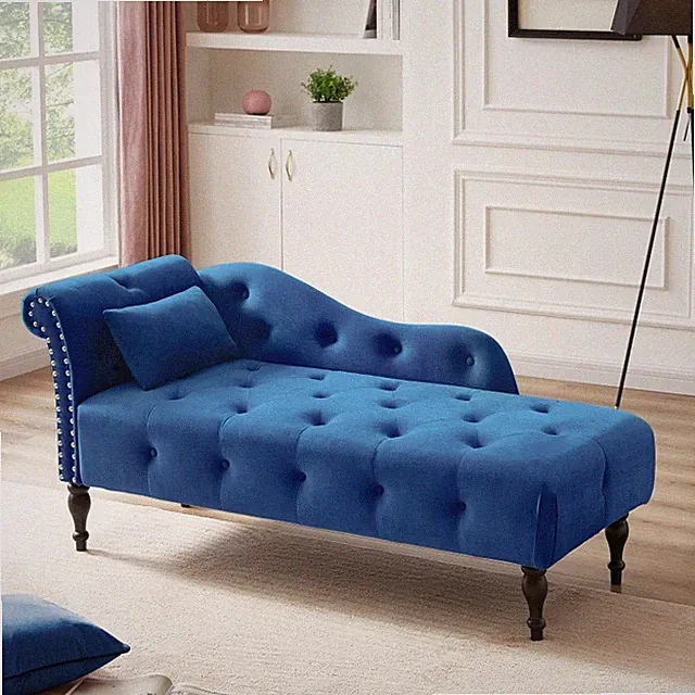 60.6" Velvet Chaise Lounge Buttons Tufted Nailhead Trimmed Solid Wood Legs Blue