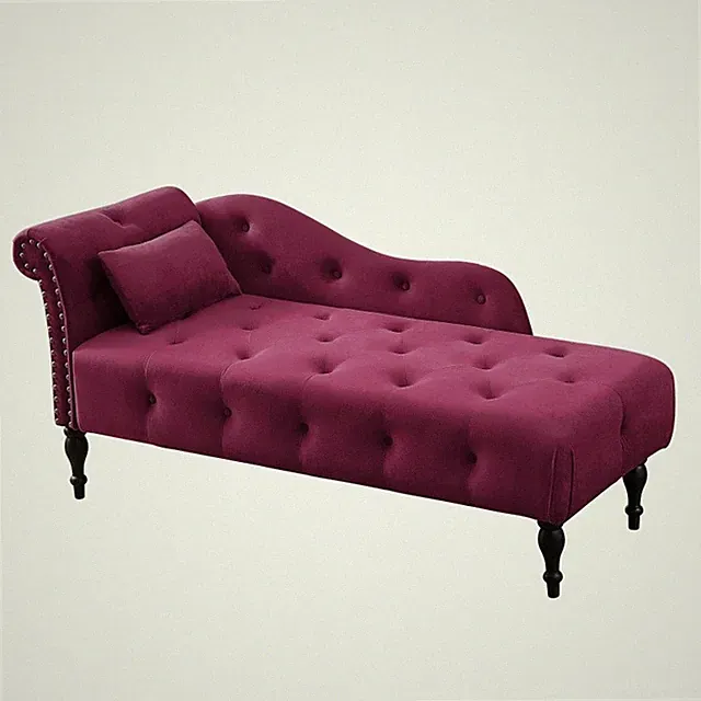 60.6" Velvet Chaise Lounge Buttons Tufted Nailhead Trimmed Wood Legs Burgundy