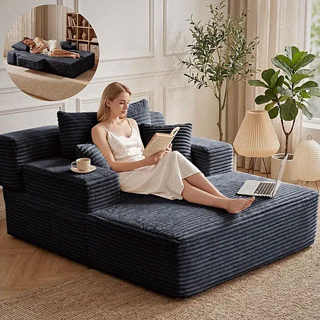 60" Chaise Lounge Chair, Twin Size Futon Sofa Bed (Blue)
